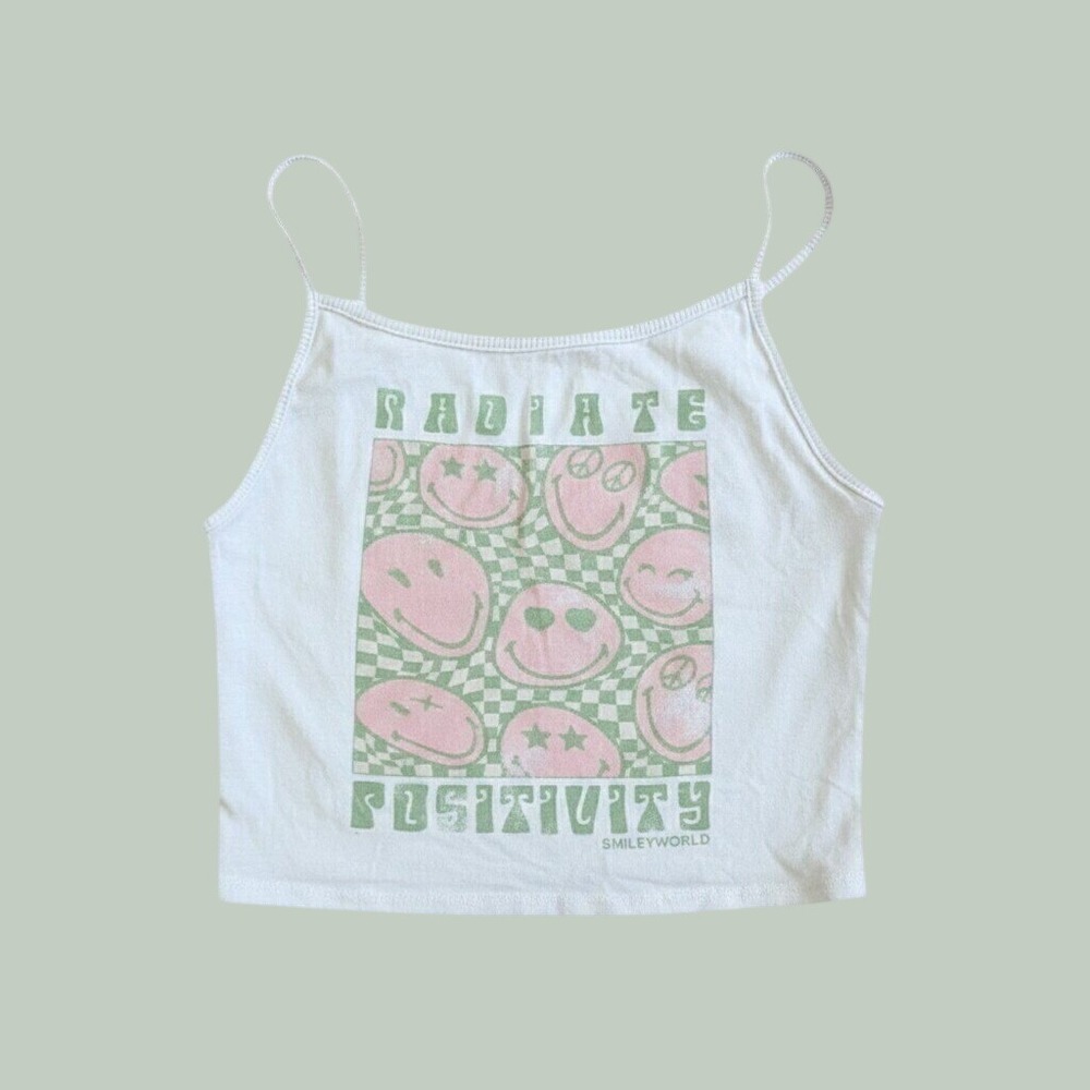 SmileyWorld Radiate Positivity Graphic Crop Cami Tank Top White XS